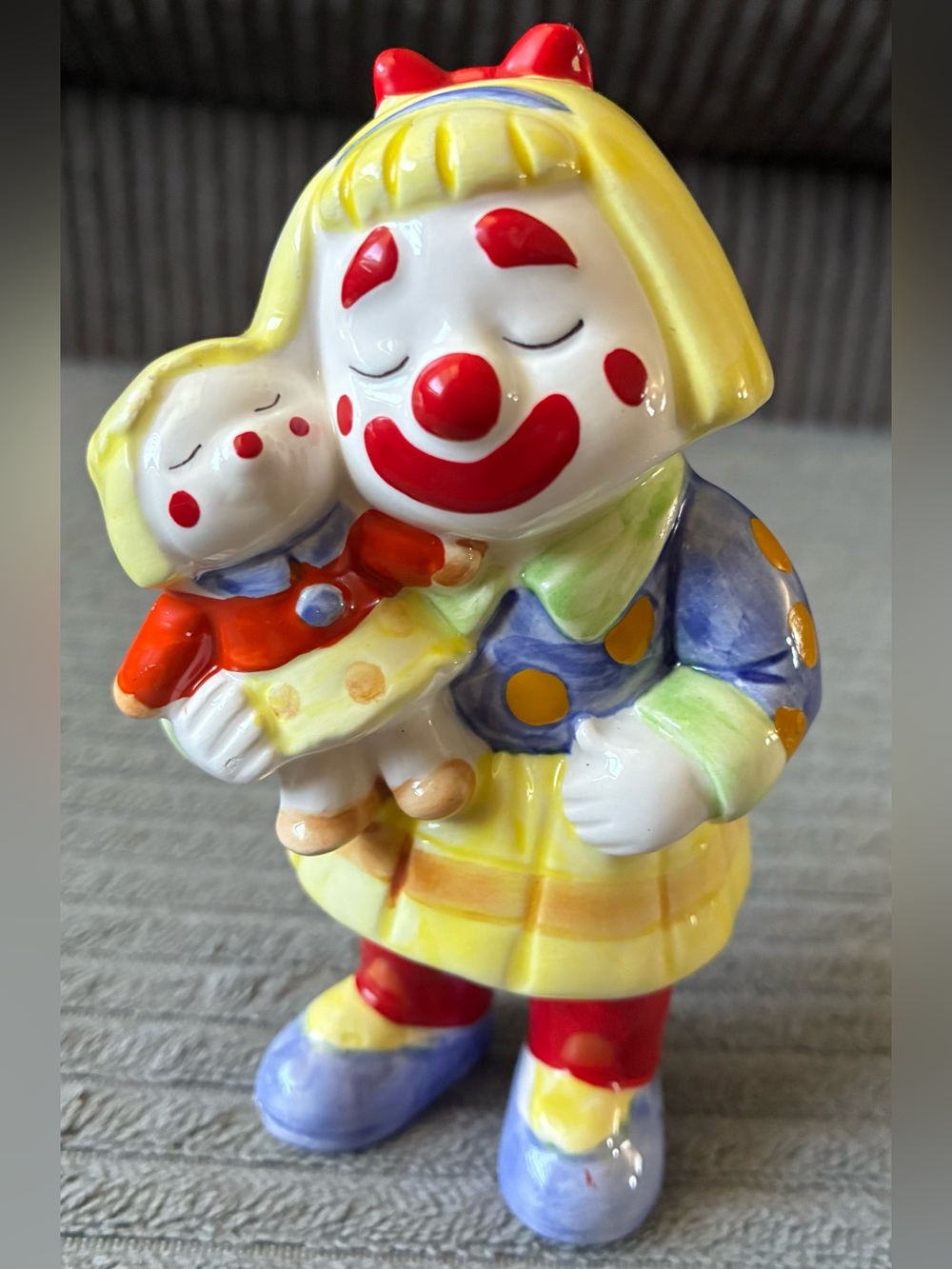 Vintage Yellow & Red Clown Figurine Holding Doll Porcelain Multicolor Ceramic